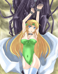  1990s_(style) 1girl armpits arms_up bare_arms bdsm blonde_hair blue_eyes blush bondage bound breasts cape celes_chere chain cleavage covered_navel cuffs female_focus final_fantasy final_fantasy_vi green_leotard headband jewelry large_breasts leotard long_hair looking_at_viewer neck_ring open_mouth retro_artstyle shackles shou69 solo standing strapless strapless_leotard t_shatsu thighhighs white_thighhighs 
