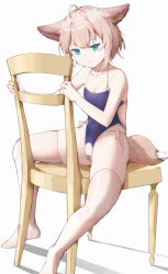  1girl absurdres ahoge animal_ears arknights bad_id bad_pixiv_id bar_censor blue_eyes blue_one-piece_swimsuit breasts brown_hair censored chair cleavage crotchless crotchless_swimsuit female_focus fox_ears fox_tail full_body highres loli looking_at_viewer one-piece_swimsuit pussy shin_maboroshi short_hair simple_background sitting sitting_backwards small_breasts smile solo spread_legs sussurro_(arknights) swimsuit tail thighhighs thighs white_background white_thighhighs  rating:Explicit score:108 user:danbooru