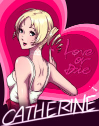  1girl atlus bad_id bare_shoulders blonde_hair blue_eyes bra breasts catherine catherine_(game) choker dress drill_hair female_focus highres lingerie lipstick long_hair looking_at_viewer looking_back makeup muzy nail_polish open_mouth pink_ribbon ribbon solo twin_drills twintails underwear white_dress  rating:Sensitive score:10 user:salarta