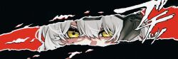  1girl close-up cut-in eye_focus goddess_of_victory:_nikke hair_between_eyes looking_at_viewer parody persona persona_5 persona_eyes portrait skbnn_kbn snow_white_(nikke) solo visor_(armor) white_hair yellow_eyes 