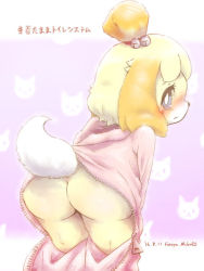  1girl animal_crossing artist_name ass bell bent_over blonde_hair blue_sclera blush blush_stickers colored_sclera dated female_focus from_behind furry furry_female furuya_muku hair_bell hair_ornament hair_tie isabelle_(animal_crossing) jingle_bell jpeg_artifacts leaning_forward looking_at_viewer looking_back nintendo no_panties pink_background presenting short_hair shy signature simple_background solo standing text_focus translation_request unzipped white_eyes zipper zipper_pull_tab 