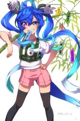  1993 1girl @_@ absurdres ahoge animal_ears aqua_hair artist_logo bamboo black_thighhighs blue_eyes blue_hair bow carrying_over_shoulder character_name commentary_request crossed_bangs feet_out_of_frame grin gym_shirt hair_between_eyes hair_bow hand_on_own_hip heterochromia highres horse_ears horse_girl horse_tail long_hair looking_at_viewer mouth_hold multicolored_hair original_race_uniform_(umamusume) pink_shorts purple_eyes race_bib sharp_teeth shirt shorts sidelocks smile solo striped_bow tail tanabata tanzaku teeth teeth_hold thighhighs thin_(suzuneya) timestamp twin_turbo_(umamusume) twintails two-tone_hair umamusume very_long_hair white_background white_shirt 