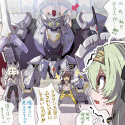 armored_boots black_ribbon black_shorts blonde_hair boots braid braided_ponytail brown_hair brown_pantyhose brown_sweater chime_(nikke) coat collared_shirt cosplay crossed_arms crown_(nikke) diadem drill_hair goddess_of_victory:_nikke green_eyes green_hair gundam hair_ornament hair_ribbon hairband headgear helmet holding holding_weapon humanoid_robot jewelry kilo_(nikke) lance long_hair mecha necklace pantyhose polearm ribbon robot sd_gundam shirt shorts sleeveless sleeveless_sweater sweater syope t.a.l.o.s._(nikke) versal_knight_gundam weapon white_coat white_shirt