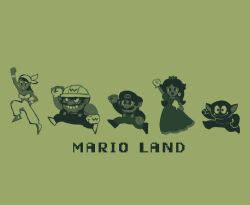  2girls 3boys alien arm_up bandana captain_syrup crown dress earrings facial_hair flower_earrings gloves green_background hat jewelry jumping mario mario_(series) monochrome multiple_boys multiple_girls mustache nintendo overalls princess_daisy rinabee_(rinabele0120) simple_background smile super_mario_land tatanga wario wario_land wario_land:_super_mario_land_3 white_gloves 