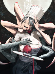  1girl apple black_gloves black_hair blood blood_from_mouth bloody_tears breasts chainsaw_man chef chef_hat closed_eyes commentary_request cowboy_shot elbow_gloves extra_arms falling_devil_(chainsaw_man) flat_top_chef_hat food fruit gloves hat highres holding holding_food holding_fruit holding_head jacket medium_bangs medium_breasts nosebleed odoro_(nicoseiga81184094) open_mouth red_apple severed_head short_hair smile solo white_jacket 