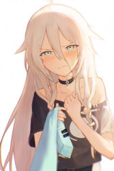  1girl absurdres ahoge bare_shoulders black_choker black_shirt blue_eyes blush choker collarbone hair_between_eyes hand_on_own_chest highres ia_(vocaloid) light_frown long_hair necktie off_shoulder pulling_another&#039;s_clothes shirt upper_body vocaloid 