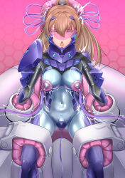  1girl ahegao alternate_costume armored_bodysuit bodysuit breasts brown_hair covered_navel eyebrows fortified_suit highres impossible_bodysuit impossible_clothes kantai_collection kumano_(kancolle) large_breasts long_hair mind_control open_mouth pilot_suit ponytail restrained sex_machine skin_tight solo stationary_restraints very_long_hair wata_nuki 