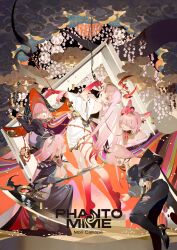  5girls absurdres album_name black_dress black_kimono bound breasts character_name colored_extremities denim detached_horns dress hair_over_eyes high_heels highres holding holding_microphone holding_scythe hololive hololive_english hood japanese_clothes jeans kimono large_breasts looking_at_viewer microphone mori_calliope mori_calliope_(1st_costume) mori_calliope_(jigoku_6) mori_calliope_(new_year) multiple_girls multiple_persona music official_alternate_costume official_alternate_hairstyle official_art pants pink_hair red_eyes red_feet red_hands rei_(sanbonzakura) scythe second-party_source short_hair singing tiara tied_up_(nonsexual) torn_clothes torn_jeans torn_pants virtual_youtuber white_dress 
