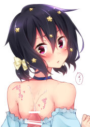  1boy 1girl 1other ? alternate_eye_color back backjob bar_censor bare_back bare_shoulders blue_eyes blush censored choker confused costume cum cum_on_back cum_on_body cum_on_upper_body dress flower frilled_dress frills from_behind hair_between_eyes hair_flower hair_ornament hair_ribbon hand_up highres idol japanese_text looking_at_viewer looking_back miy@ mizuno_ai nose official_alternate_costume open_mouth penis pink_eyes red_eyes ribbon short_hair shoulder_blades simple_background spoken_question_mark sweat sweatdrop turning_head white_background yellow_ribbon zombie_land_saga 
