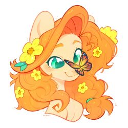  1girl artist_name bug butterfly butterfly_on_nose flower green_eyes hair_flower hair_ornament highres insect long_hair my_little_pony my_little_pony:_friendship_is_magic no_humans orange_butterfly orange_hair pear_butter_(mlp) pony_(animal) portrait simple_background solo white_background yellow_flower yellow_fur zubastyypersik 