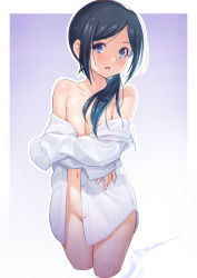  1girl :o bare_shoulders black_hair blue_hair blush breasts collarbone cropped_legs gradient_background gradient_hair groin highres kazuma_muramasa long_sleeves looking_at_viewer multicolored_hair naked_shirt navel no_bra no_panties off_shoulder open_clothes open_mouth open_shirt original parted_bangs purple_background purple_eyes shirt signature sleeves_past_fingers sleeves_past_wrists small_breasts solo thighs  rating:Questionable score:24 user:danbooru