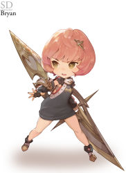  1girl absurdres armor black_dress black_gloves blade brown_eyes character_name chibi dress english_text fighting_stance fingerless_gloves fingernails gd_choco gloves hair_ornament highres holding holding_weapon open_mouth original short_hair solo teeth tongue upper_teeth_only weapon 
