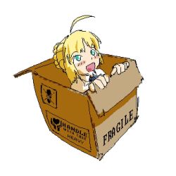  1girl ahoge artoria_pendragon_(all) artoria_pendragon_(fate) blonde_hair blush_stickers box braid braided_bun cardboard_box commentary drooling english_text fate/stay_night fate_(series) green_eyes hair_bun hashtag-only_commentary in_box in_container open_mouth pantsu-ripper pixel_art saber_(fate) single_hair_bun smile solo 
