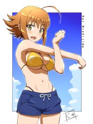  1girl ahoge bare_shoulders bikini blue_shorts blue_sky blush border breasts brown_eyes brown_hair character_name clenched_hand cowboy_shot dot_nose flipped_hair hands_up highres idolmaster idolmaster_cinderella_girls idolmaster_cinderella_girls_starlight_stage large_breasts looking_at_viewer navel nishijima_kai open_mouth outside_border short_hair shorts signature sky smile solo standing stretching sweat swimsuit uchimura_p underboob white_border yellow_bikini 