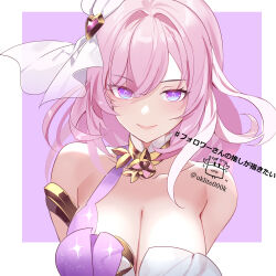  1girl bare_shoulders border breasts brooch cleavage closed_mouth elysia_(herrscher_of_human:_ego)_(honkai_impact) elysia_(honkai_impact) hair_between_eyes heart heart_brooch highres honkai_(series) honkai_impact_3rd jewelry large_breasts long_hair looking_at_viewer pink_background pink_eyes pink_hair pink_pupils portrait shirt solo triquetra twitter_username white_border white_shirt yuuki_kira 