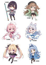  6+girls ahoge animal_ears arms_up beret black_hair blonde_hair blowing_kiss blue_eyes blue_hair brown_hair chibi coat colored_inner_hair dress full_body green_eyes grey_hair hair_ornament hat heterochromia highres holding holding_pillow kise_itsuki long_hair looking_at_viewer low_twintails multicolored_hair multiple_girls one_eye_closed open_clothes open_coat original pantyhose pillow pink_hair purple_eyes red_eyes short_hair shorts simple_background skirt sundress thighhighs twintails two-tone_hair white_background wolf_ears x_hair_ornament yellow_eyes zettai_ryouiki 