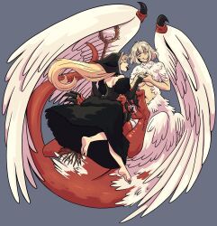  2girls ambrosia_(dungeon_meshi) back_cutout bare_shoulders barefoot black_dress black_hair blonde_hair bo_beanies breasts chimera claws closed_eyes clothing_cutout detached_sleeves dress dungeon_meshi falin_touden falin_touden_(chimera) feathered_wings feathers feet floating_hair full_body fur-trimmed_sleeves fur_trim grey_background grey_hair highres holding holding_hands holding_wand long_hair looking_at_another marcille_donato marcille_donato_(lord) monster_girl multiple_girls navel open_mouth short_hair simple_background spoilers toes topless wand white_feathers white_wings wings yellow_eyes 