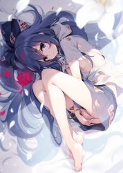 1girl ass bangle bare_legs barefoot bed_sheet between_legs blue_bow blue_eyes blue_hair bow bracelet commentary_request debt feet flower full_body hair_bow hand_between_legs highres hood hoodie jewelry ke-ta long_hair looking_at_viewer lying miniskirt no_bra no_panties petals red_flower see-through short_sleeves skirt solo thighs torn_clothes torn_skirt touhou very_long_hair white_flower yorigami_shion rating:Questionable score:28 user:danbooru