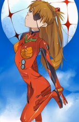 1girl :/ absurdres ass blue_eyes bodysuit breasts brown_hair closed_mouth evangelion:_3.0+1.0_thrice_upon_a_time eyepatch hair_between_eyes hair_ornament highres interface_headset long_hair looking_at_viewer neon_genesis_evangelion pilot_suit plugsuit rebuild_of_evangelion red_bodysuit shiny_clothes simple_background skin_tight solo souryuu_asuka_langley standing standing_on_one_leg tsundere two_side_up very_long_hair wide_hips 
