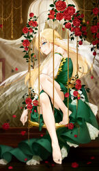  1girl bare_legs barefoot birdcage birdcage_veil blonde_hair blue_eyes bow cage chain ciciya closed_mouth detached_sleeves dress dress_bow falling_petals flower full_body gown green_dress hair_between_eyes hair_ornament helix_waltz highres in_cage indoors knee_up leaf_hair_ornament lips long_hair long_sleeves looking_at_viewer magda_ellenstein mobile petals picture_frame profile red_flower red_rose rose see-through see-through_sleeves sideways_glance sitting smile solo strapless strapless_dress toenails white_veil wooden_floor 
