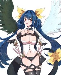  1girl :d angel_wings asymmetrical_wings bare_shoulders black_panties black_thighhighs blue_hair bow breasts buttons chemaru_(a8l) cleavage commission cowboy_shot detached_collar detached_sleeves dizzy_(guilty_gear) fingernails gluteal_fold groin guilty_gear guilty_gear_xrd hair_ribbon hair_rings hand_on_own_chest head_tilt highres large_breasts legs_together long_hair mature_female midriff mature_female monster_girl navel open_mouth panties plump red_eyes ribbon simple_background skeb_commission skindentation smile solo tail tail_ornament tail_ribbon thigh_gap thighhighs twintails underwear white_background wings yellow_bow yellow_ribbon  rating:Sensitive score:19 user:danbooru