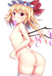  1girl anus ass blonde_hair blush breasts cleft_of_venus condom condom_in_mouth ebi_193 flandre_scarlet hat heart heart-shaped_pupils loli long_hair looking_at_viewer looking_back mob_cap mouth_hold nipples nude pussy red_eyes simple_background small_breasts smile solo symbol-shaped_pupils thighhighs touhou white_background white_thighhighs wings  rating:Explicit score:113 user:konakona90