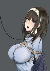 10s 1girl absurdres animal_collar arms_behind_back bdsm black_hair blue_eyes bondage bound bound_arms breast_bondage breasts collar dickbomber empty_eyes facing_away from_side grey_background hair_over_eyes hairband highres idolmaster idolmaster_cinderella_girls large_breasts leash long_hair looking_at_viewer open_mouth rope sagisawa_fumika shawl shibari simple_background solo sweater tears upper_body rating:Questionable score:74 user:danbooru