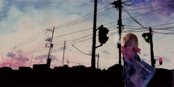  1girl bag breath brown_hair building cloud commentary_request moekon original outdoors painting_(medium) power_lines profile red_scarf scarf scenery school_bag short_hair sky solo traditional_media traffic_light upper_body utility_pole watercolor_(medium) 
