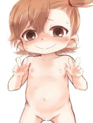  1girl barakamon belly blush censored completely_nude double_v female_focus flat_chest kotoishi_naru light_brown_hair loli looking_at_viewer nude pussy simple_background smile solo v white_background yuuge_(hangoban)  rating:Explicit score:54 user:bednorz