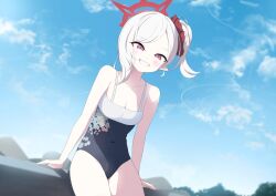  absurdres blue_archive blue_sky blurry blush breasts cowboy_shot day depth_of_field floral_print grey_hair grin hair_ornament hair_scrunchie highres kittenlochen leaning_forward mutsuki_(blue_archive) one-piece_swimsuit open_mouth outdoors pointy_ears purple_eyes scrunchie short_hair side_ponytail sky small_breasts smile solo strap swept_bangs swimsuit wave_breaker 