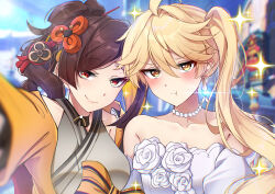  1boy 1girl :t aether_(genshin_impact) bead_necklace beads blonde_hair breasts brown_hair chiori_(genshin_impact) closed_mouth dress earrings genshin_impact hair_ornament highres japanese_clothes jewelry kimono long_hair looking_at_viewer medium_breasts midori_(user_nsaz3272) multicolored_hair necklace ponytail red_eyes selfie smile trap white_dress yellow_eyes 