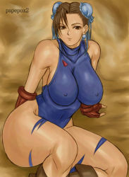 1girl blue_leotard breasts bun_cover cammy_white cammy_white_(cosplay) capcom chun-li cosplay double_bun fingerless_gloves gloves hip_focus large_breasts leotard nipples non-web_source papepox2 solo street_fighter thick_thighs thighs wide_hips rating:Questionable score:49 user:danbooru