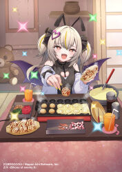  1girl bare_shoulders black_sweater blush breasts character_request cleavage_cutout clothing_cutout commentary_request copyright_name cup demon_wings drinking_glass drinking_straw equal_(heartstrings) fang food grey_hair hair_ornament heart heart-shaped_pupils heart_cutout heart_hair_ornament highres holding holding_food incoming_food indoors jacket kotatsu long_sleeves looking_at_viewer medium_hair open_mouth outstretched_arm red_eyes shoulder_cutout sidelocks skin_fang small_breasts smile solo steam sweater symbol-shaped_pupils table takoyaki toothpick white_jacket wings yellow_nails z/x 
