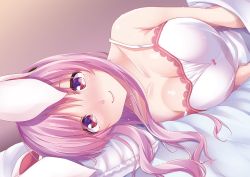 1girl animal_ears bare_shoulders bed blanket blush breasts camisole cleavage commentary_request hisae_(hisae_collect) indoors large_breasts long_hair looking_at_viewer lying nose_blush on_side pillow purple_hair rabbit_ears red_eyes reisen_udongein_inaba smile solo spaghetti_strap touhou upper_body rating:Sensitive score:13 user:danbooru
