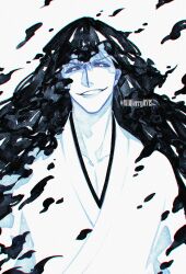  1boy black_sclera bleach collarbone colored_sclera colored_skin evil_smile hair_between_eyes highres hollow_ichigo japanese_clothes kimono looking_at_viewer male_focus shihakusho shirt smile solo twitter_username veil wdberry0715 white_background white_eyes white_hair white_shirt white_skin 