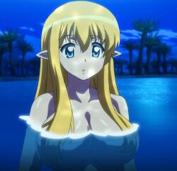  1girl blonde_hair blue_eyes breasts cloud collarbone dark female_focus hair_over_breasts large_breasts long_hair night night_sky nude open_mouth outdoors palm_tree partially_submerged pointy_ears screencap sky stitched third-party_edit tiffania_westwood tree water wet wet_hair zero_no_tsukaima zero_no_tsukaima_f  rating:Sensitive score:30 user:Lol30