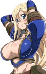  1girl absurdres arms_behind_head arms_up azure_(armor) blonde_hair blue_eyes blush breasts capcom center_opening clarice_(mezeporta_kaitaku-ki) cleavage closed_mouth elbow_gloves gloves groin highres j.h. large_breasts long_hair looking_at_viewer monster_hunter monster_hunter_(series) monster_hunter_mezeporta_kaitaku-ki navel puffy_short_sleeves puffy_sleeves purple_gloves short_sleeves simple_background smile solo stomach upper_body white_background 