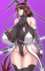  1girl areola_slip ass bare_shoulders breasts brown_hair cameltoe cleavage covered_erect_nipples covered_navel curvy elbow_gloves gauntlets gigantic_breasts gloves hair_ribbon highleg highleg_leotard highres hip_bones holding holding_weapon huge_breasts leotard linea_alba medium_hair mizuki_shiranui natsuru_(anglachel) partially_visible_vulva polearm puffy_areolae puffy_nipples red_eyes ribbon shiny_clothes shiny_skin smile solo taimanin_(series) taimanin_suit taimanin_yukikaze thighhighs thong_leotard upper_body weapon 