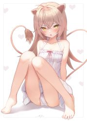 1girl absurdres ahoge animal_ears barefoot breasts brown_hair buket_pudding_i dress female_focus halter_dress halterneck heart heart_tail highres indie_virtual_youtuber knees_together_feet_apart knees_up lion_ears lion_girl lion_tail long_hair looking_at_viewer open_mouth panties pantyshot rurudo_lion rurudo_lion_(1st_costume) sitting sleeveless sleeveless_dress small_breasts solo sundress tail thighs underwear virtual_youtuber white_background white_dress white_panties yellow_eyes rating:Sensitive score:119 user:danbooru