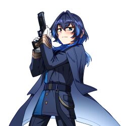  1girl black_coat black_hair black_jacket black_pants blue_eyes blue_hair blue_jacket blush coat coat_on_shoulders colored_inner_hair colored_tips commentary ddolbang english_commentary gun hair_between_eyes hair_intakes handgun highres holding holding_gun holding_weapon hololive hololive_english jacket long_coat long_hair military_uniform multicolored_clothes multicolored_hair multicolored_jacket official_alternate_hairstyle ouro_kronii ouro_kronii_(4th_costume) pants reloading sidelocks simple_background solo transparent_background two-tone_hair two-tone_jacket uniform virtual_youtuber weapon wolf_cut 