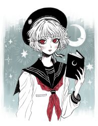  1boy androgynous black_hat black_ribbon black_sailor_collar blue_background blush book border closed_mouth commentary crescent_moon eleanor_(ohmyeleanor) gradient_background hat hat_ribbon henri_die_heilige holding holding_book looking_at_viewer male_focus moon neckerchief partially_colored pocket_mirror red_eyes red_neckerchief ribbon sailor_collar sailor_hat sailor_shirt shirt short_hair solo star_(symbol) white_background white_border  rating:General score:2 user:danbooru