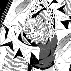 1boy animal_ears arknights bara chain chain_necklace cowboy_shot cropped furry furry_male greyscale highres jewelry large_pectorals male_focus monochrome mountain_(arknights) muscular muscular_male necklace pectorals promotional_art scar scar_across_eye short_hair sir_verge solo thick_eyebrows tiger_boy tiger_ears tusks white_hair wide-eyed 