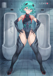  1girl :o adapted_costume ayanami_rei ayanami_rei_(cosplay) black_bodysuit black_leotard bodysuit breasts cosplay curly_hair curvy full_body green_eyes green_hair hands_on_own_hips highleg highleg_leotard leotard mogudan neon_genesis_evangelion one-punch_man plugsuit revealing_clothes see-through shiny_skin small_breasts solo tatsumaki wide_hips 