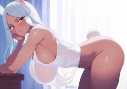  1girl animal_ears ass bent_over boku_no_hero_academia bottomless breasts closed_mouth covered_erect_nipples curtains dark-skinned_female dark_skin elbow_rest from_side hanging_breasts head_rest highres indoors large_breasts light_smile long_eyelashes long_hair looking_at_viewer mirko naked_shirt no_bra nutsbutty rabbit_ears rabbit_girl rabbit_tail red_eyes see-through see-through_shirt shirt sideboob solo standing tail tank_top thighs twitter_username white_hair white_tank_top window  rating:Questionable score:149 user:danbooru