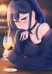  1girl absurdres alcohol alternate_costume bar_(place) beer black_choker black_hair black_sweater black_undershirt blue_nails blush breasts choker collarbone cup drinking_glass drunk elbow_rest hair_behind_ear hair_between_eyes highres holding holding_cup ichinose_uruha indoors kiiro_(cocoa080) long_hair long_sleeves looking_at_viewer medium_breasts nose_blush off_shoulder purple_eyes ribbed_sweater single_bare_shoulder sleeves_past_wrists solo sweater virtual_youtuber vspo! 