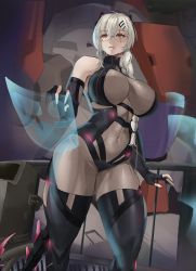  1girl black_nails braid breasts curvy cyborg geelawjik glasses gloves grey_hair highres holographic_interface huge_breasts indie_virtual_youtuber large_breasts mechanical_tail nail_polish partially_fingerless_gloves red_eyes saruei_(vtuber) scar scar_across_eye scar_on_face solo tail thick_thighs thighs virtual_youtuber wide_hips  rating:Sensitive score:45 user:loli_Vulf