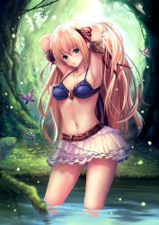 1girl adjusting_hair arisa_(shadowverse) armpits belt bikini bikini_top_only blush breasts bug butterfly cleavage contrapposto forest insect long_hair looking_at_viewer medium_breasts moss nature navel oukatihiro plant_roots shadowverse sideboob skirt smile solo standing swimsuit thighs tree wading rating:Sensitive score:11 user:danbooru