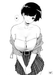 1girl bare_shoulders belt blush breasts cleavage commentary english_commentary greyscale heart highres jacket large_breasts monochrome norman_maggot off_shoulder olive_laurentia original parted_lips plaid plaid_skirt short_hair signature simple_background skirt smile solo spoken_heart strapless tube_top rating:Sensitive score:83 user:danbooru