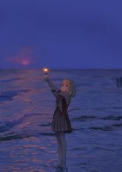 1girl absurdres blonde_hair blue_eyes closed_mouth commentary english_commentary fireworks hair_ornament hands_up highres holding holding_fireworks hololive hololive_english looking_at_object necktie outdoors pocket_watch short_hair sky solo sparkler standing virtual_youtuber waneyeye watch water watson_amelia rating:Sensitive score:7 user:danbooru