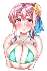 1girl arms_at_sides bikini blue_hair blush breasts closed_mouth collarbone dot_nose earrings eyebrows eyelashes female_focus green_bikini hozuki_kaede huge_breasts jewelry lips long_hair looking_at_viewer matching_hair/eyes multicolored_hair necklace official_alternate_costume onii-chan_wa_oshimai! pink_eyes pink_hair pipienpippi ponytail sidelocks simple_background smile solo sunglasses swimsuit two-tone_hair upper_body white-framed_eyewear white_background 